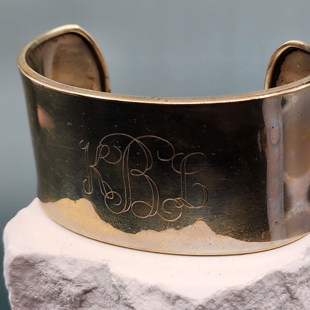 S Kirk & Son Gold Tone Wide Cuff Bracelet Engraved Monogram RL Polished Jewelry